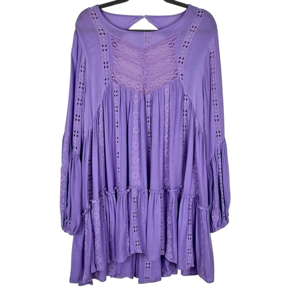 Free People Kiss Kiss Embroidered Purple Amethyst Eyelet Tunic Dress Size Medium - Picture 4 of 15